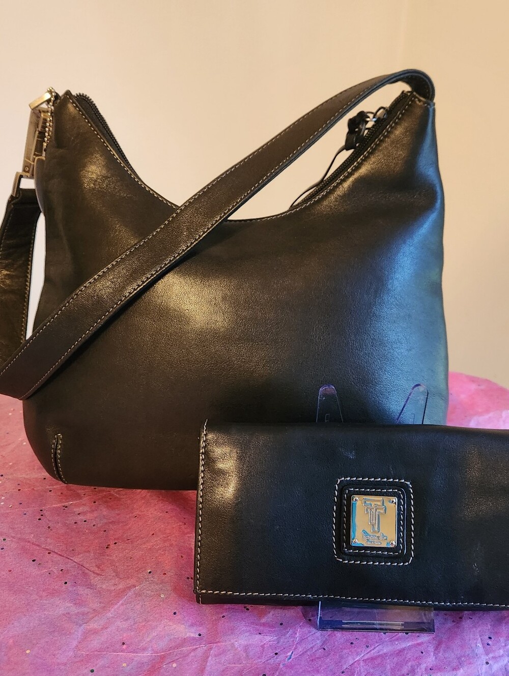 Tignanello Black hobo shoulder bag and leather wallet set, EUC.